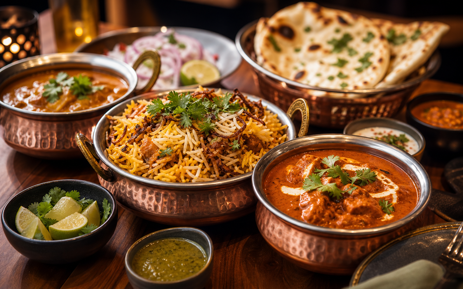 Indian dining table with biryani, curries, naan, and chutneys